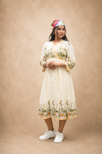 OFF WHITE VISCOSE PRINTED SHORT DRESS