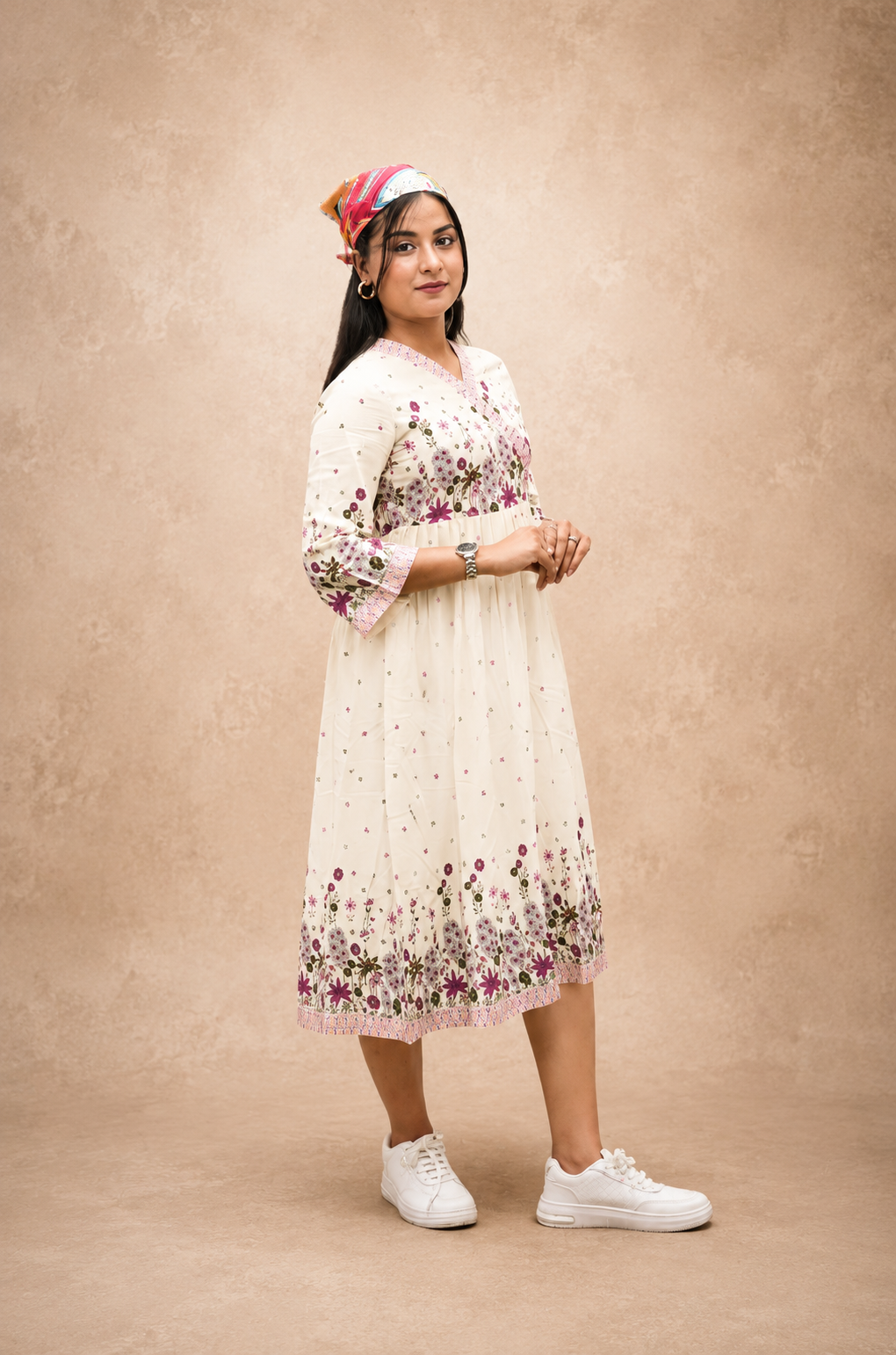 OFF WHITE VISCOSE PRINTED SHORT DRESS