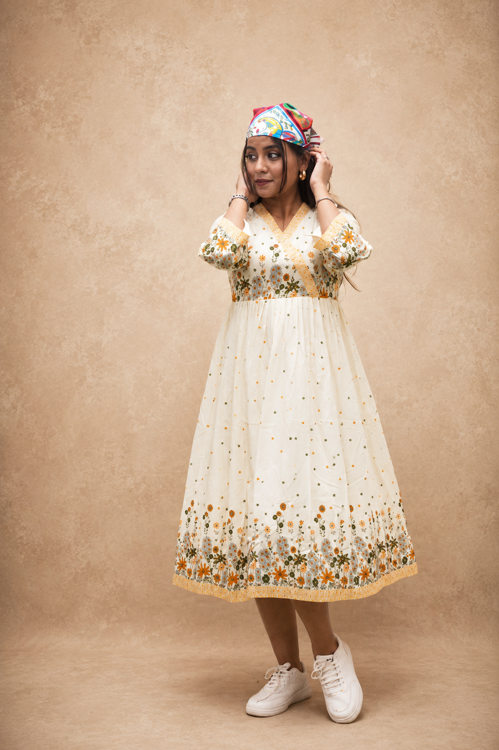 OFF WHITE VISCOSE PRINTED SHORT DRESS