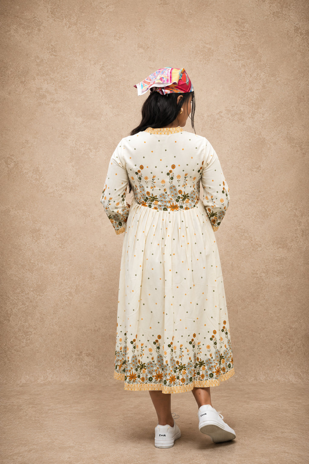 OFF WHITE VISCOSE PRINTED SHORT DRESS