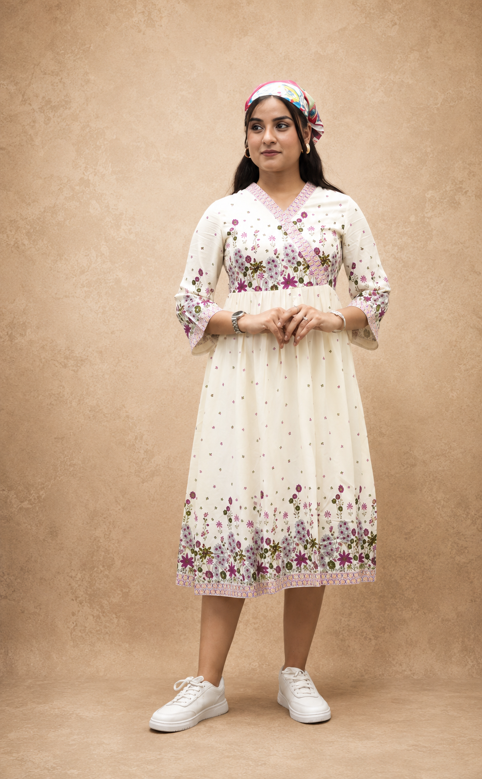 OFF WHITE VISCOSE PRINTED SHORT DRESS