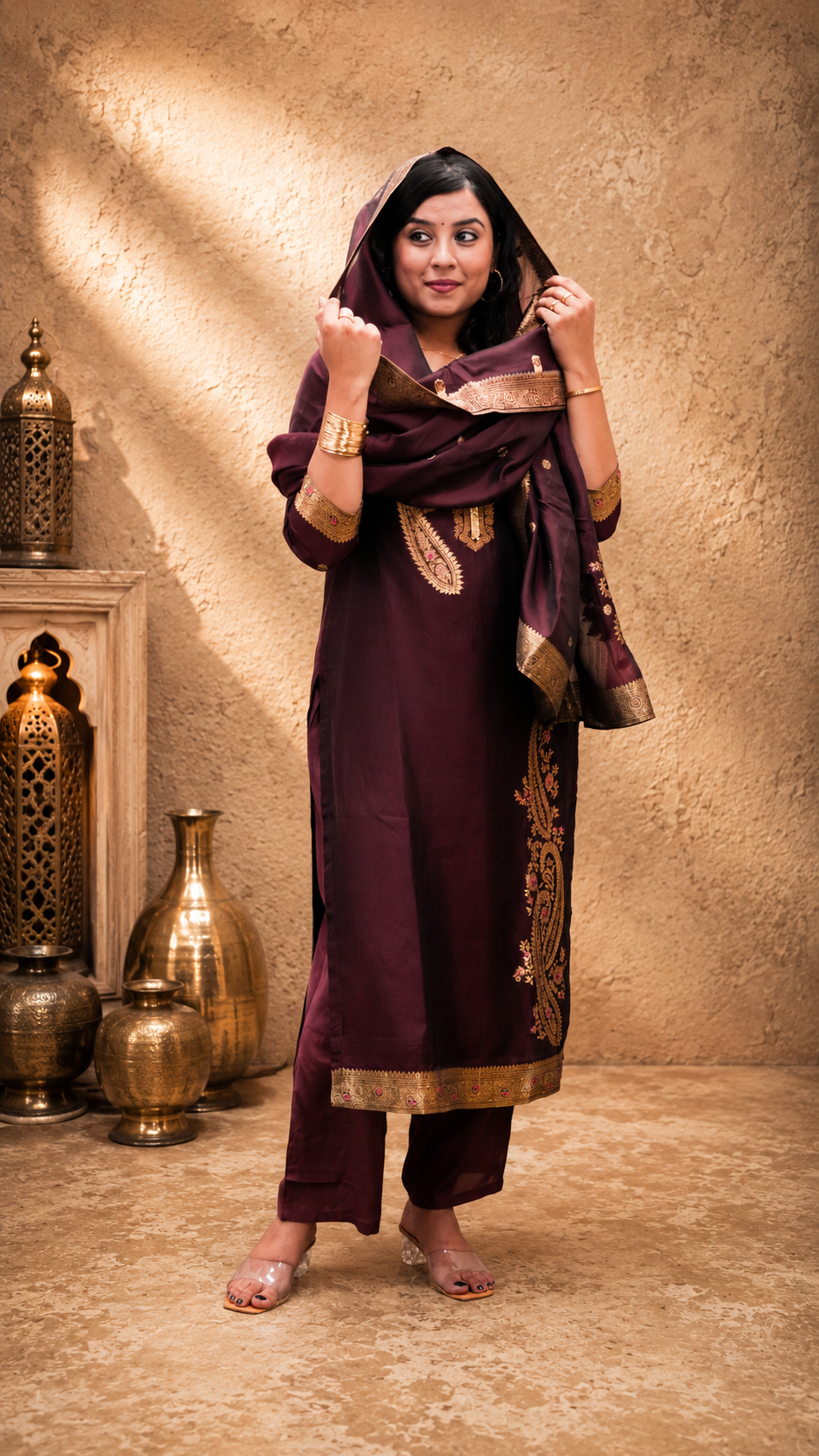 RED ART SILK STRIGHT KURTA PANT SUIT SET