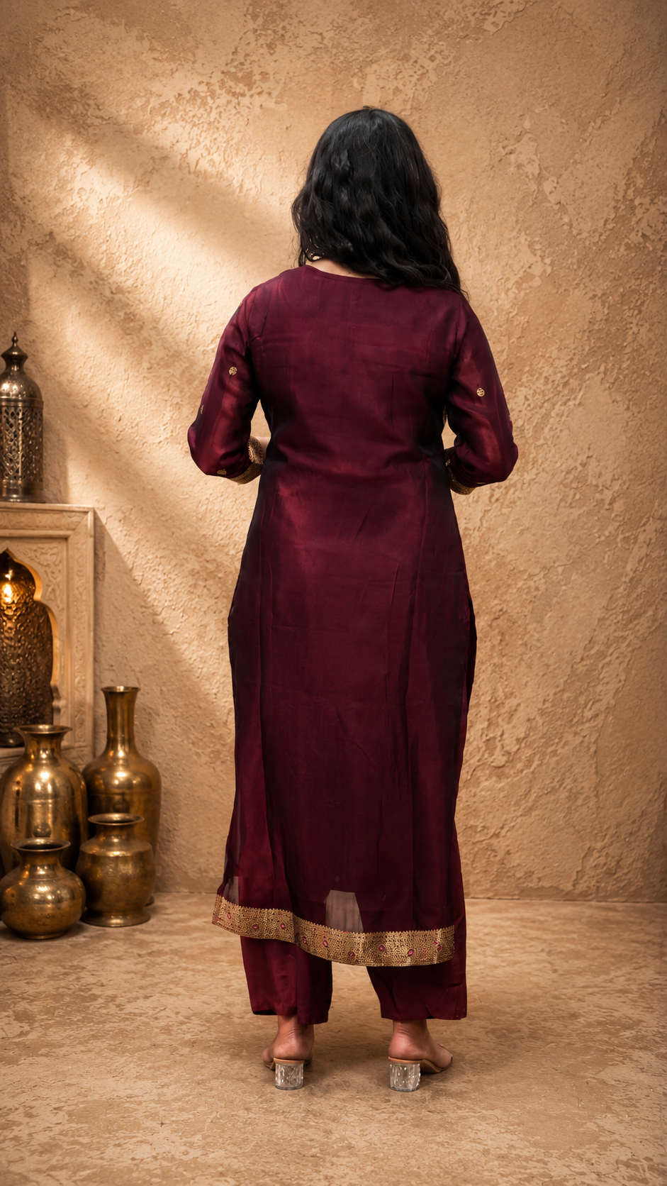 RED ART SILK STRIGHT KURTA PANT SUIT SET