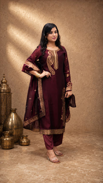 RED ART SILK STRIGHT KURTA PANT SUIT SET
