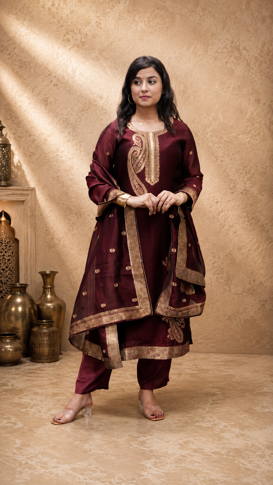 RED ART SILK STRIGHT KURTA PANT SUIT SET