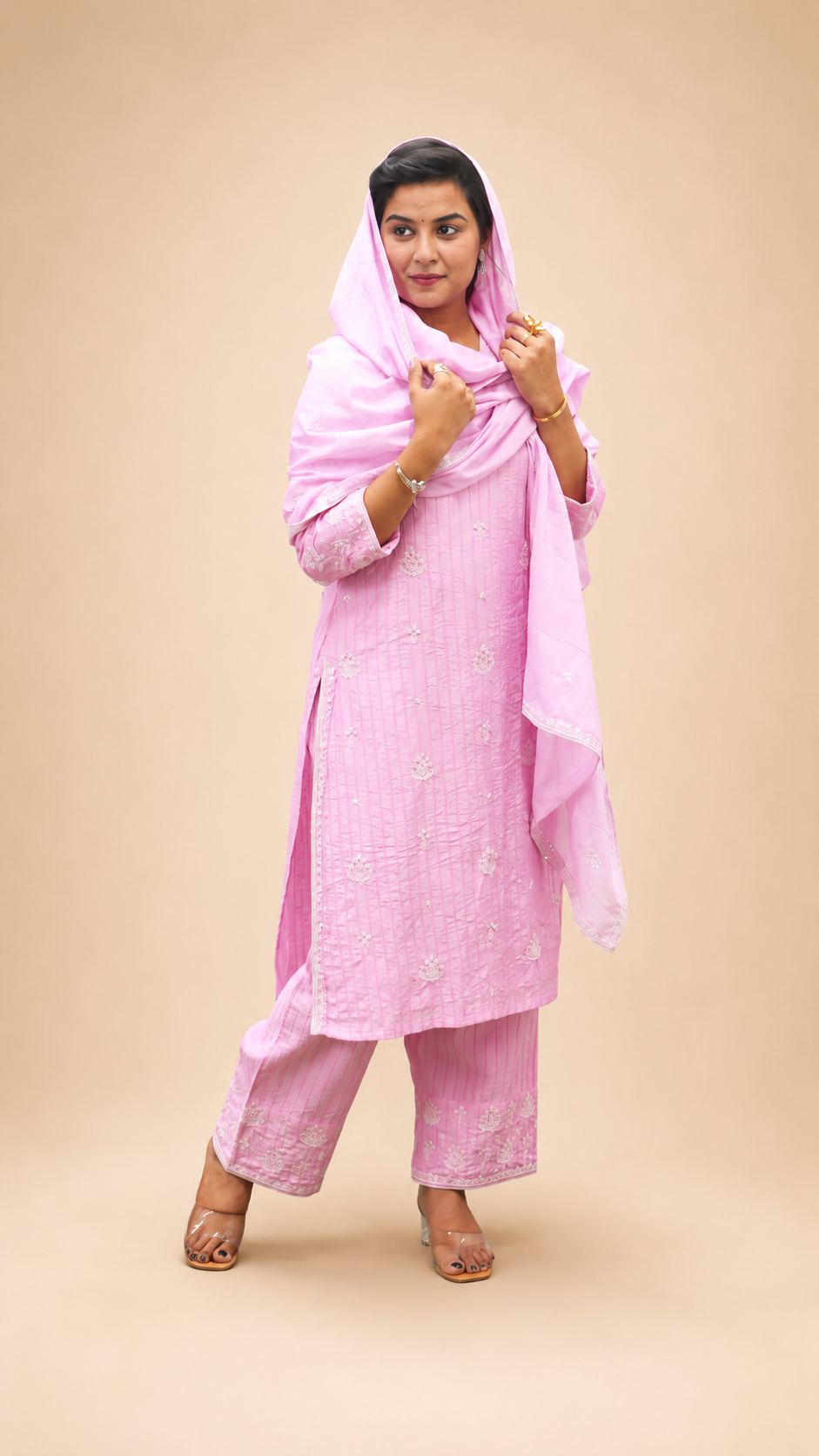 PINK EMBROIDERY BEADS WORK STRIGHT KURTA PLAZZO SUT SET