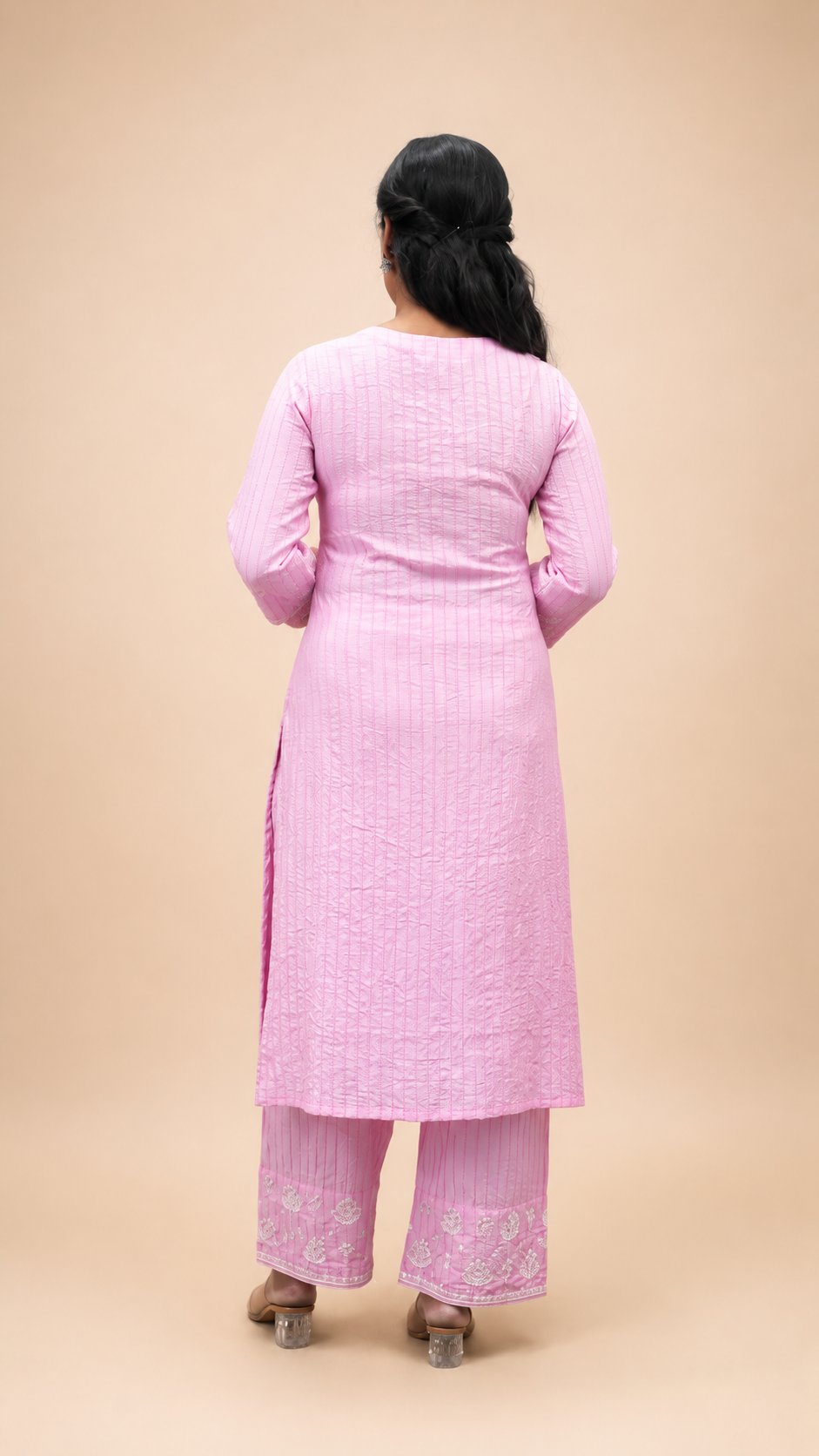PINK EMBROIDERY BEADS WORK STRIGHT KURTA PLAZZO SUT SET