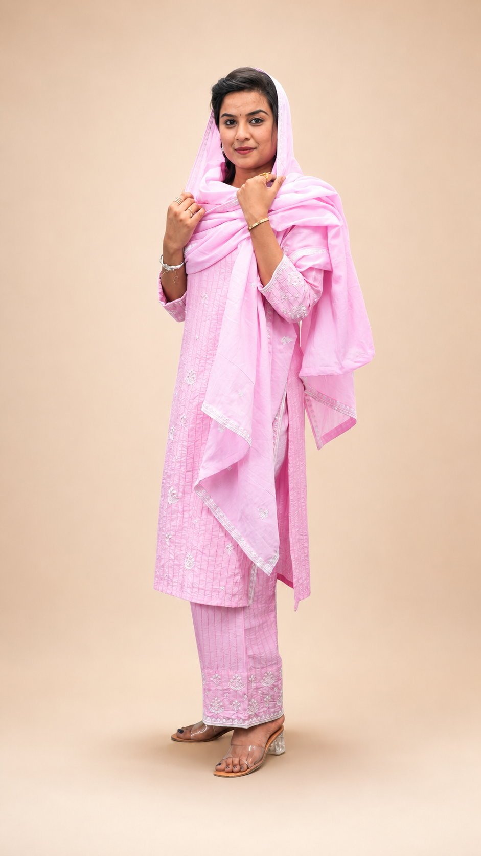 PINK EMBROIDERY BEADS WORK STRIGHT KURTA PLAZZO SUT SET