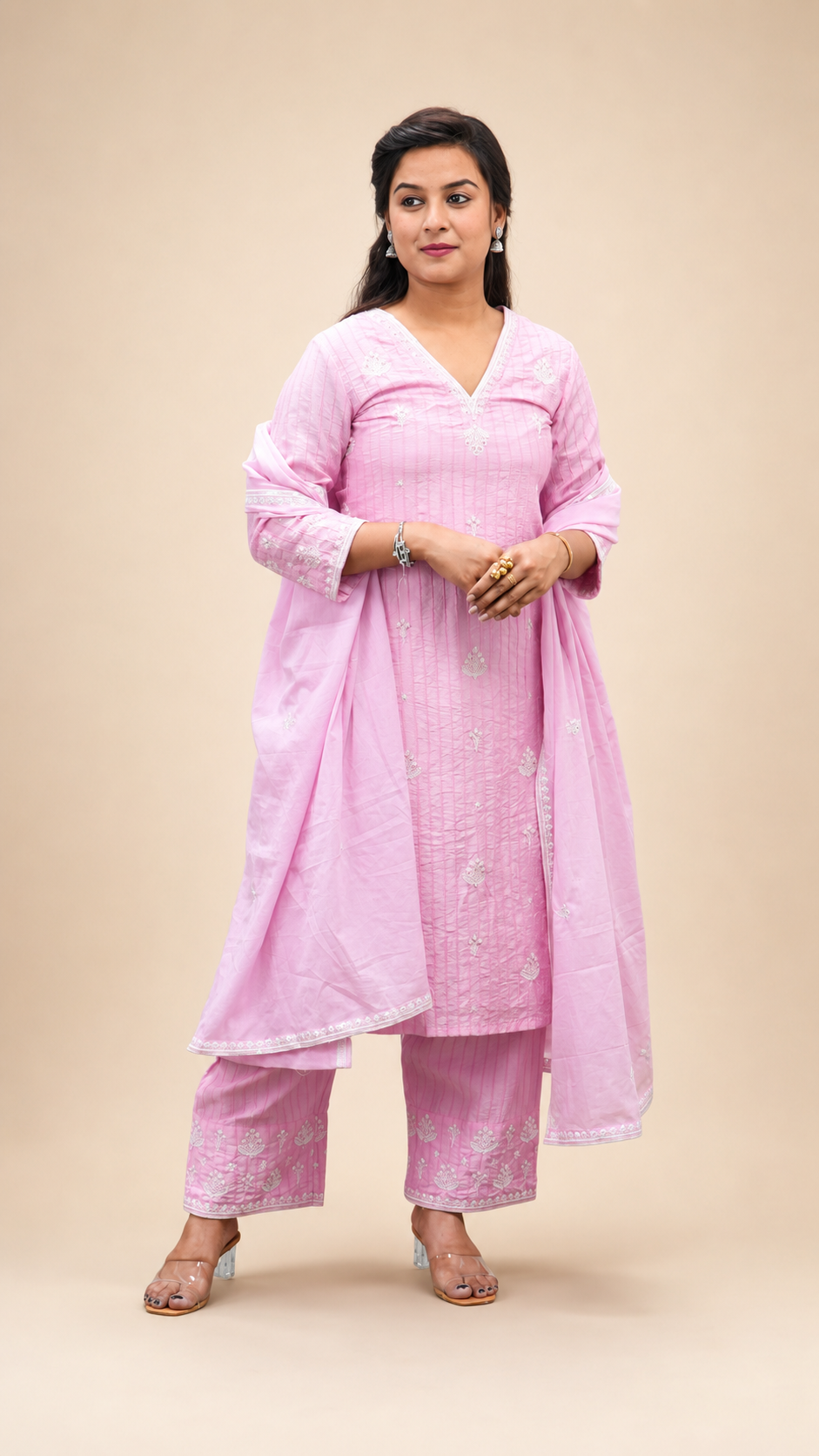 PINK EMBROIDERY BEADS WORK STRIGHT KURTA PLAZZO SUT SET