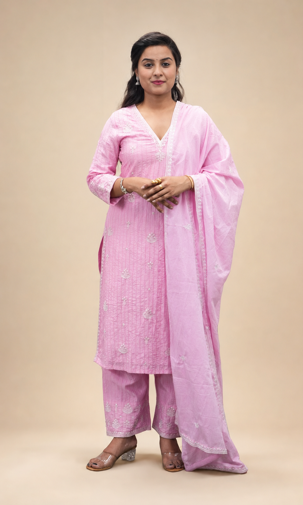PINK EMBROIDERY BEADS WORK STRIGHT KURTA PLAZZO SUT SET