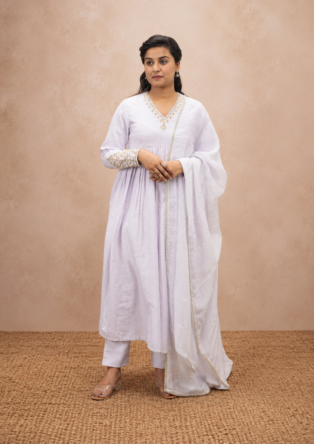 LILAC COTTON SATIN PLEATED HAND WORK  STRIGHT PANT SUIT SET