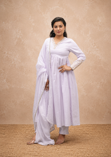 LILAC COTTON SATIN PLEATED HAND WORK  STRIGHT PANT SUIT SET