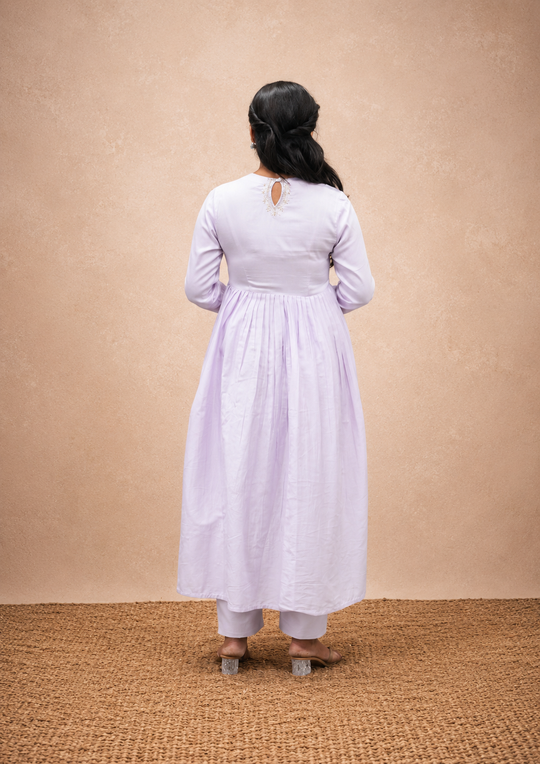 LILAC COTTON SATIN PLEATED HAND WORK  STRIGHT PANT SUIT SET