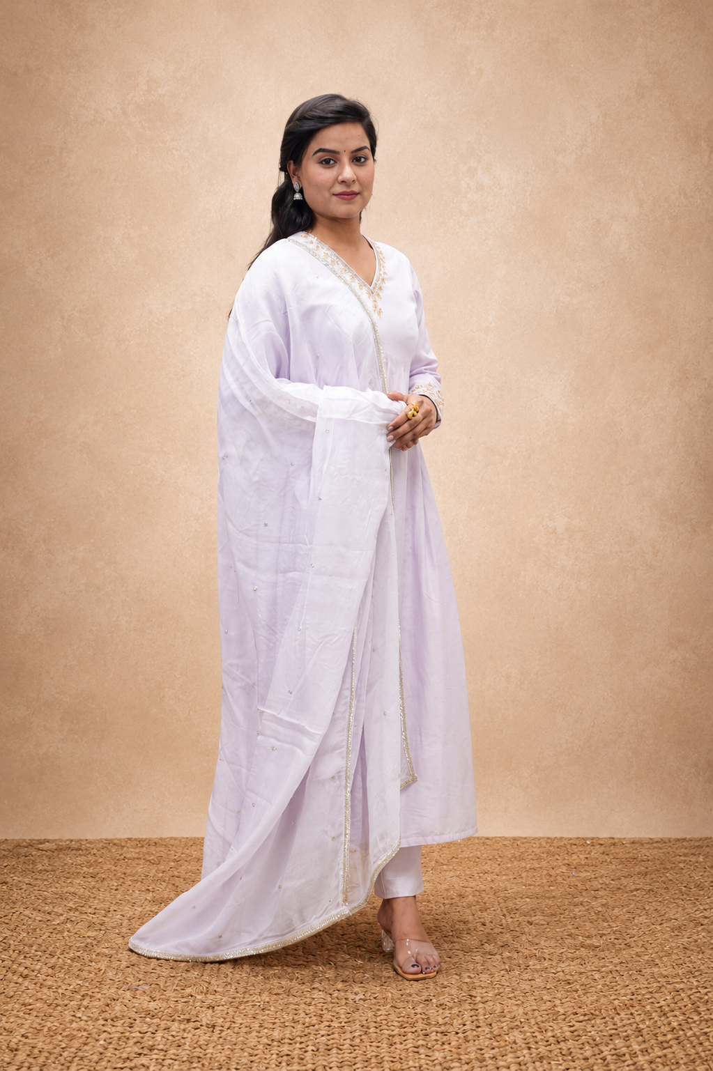 LILAC COTTON SATIN PLEATED HAND WORK  STRIGHT PANT SUIT SET