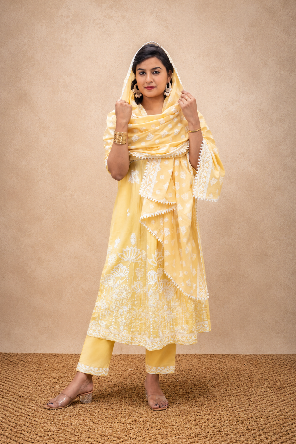 YELLOW COTTON PRINTED  GATHRED PRINTED SUIT SET