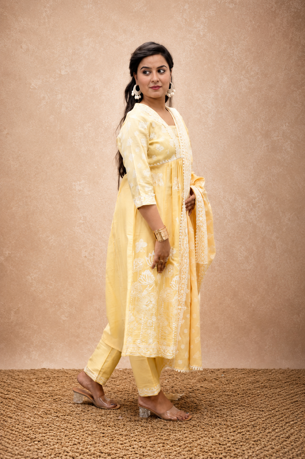 YELLOW COTTON PRINTED  GATHRED PRINTED SUIT SET