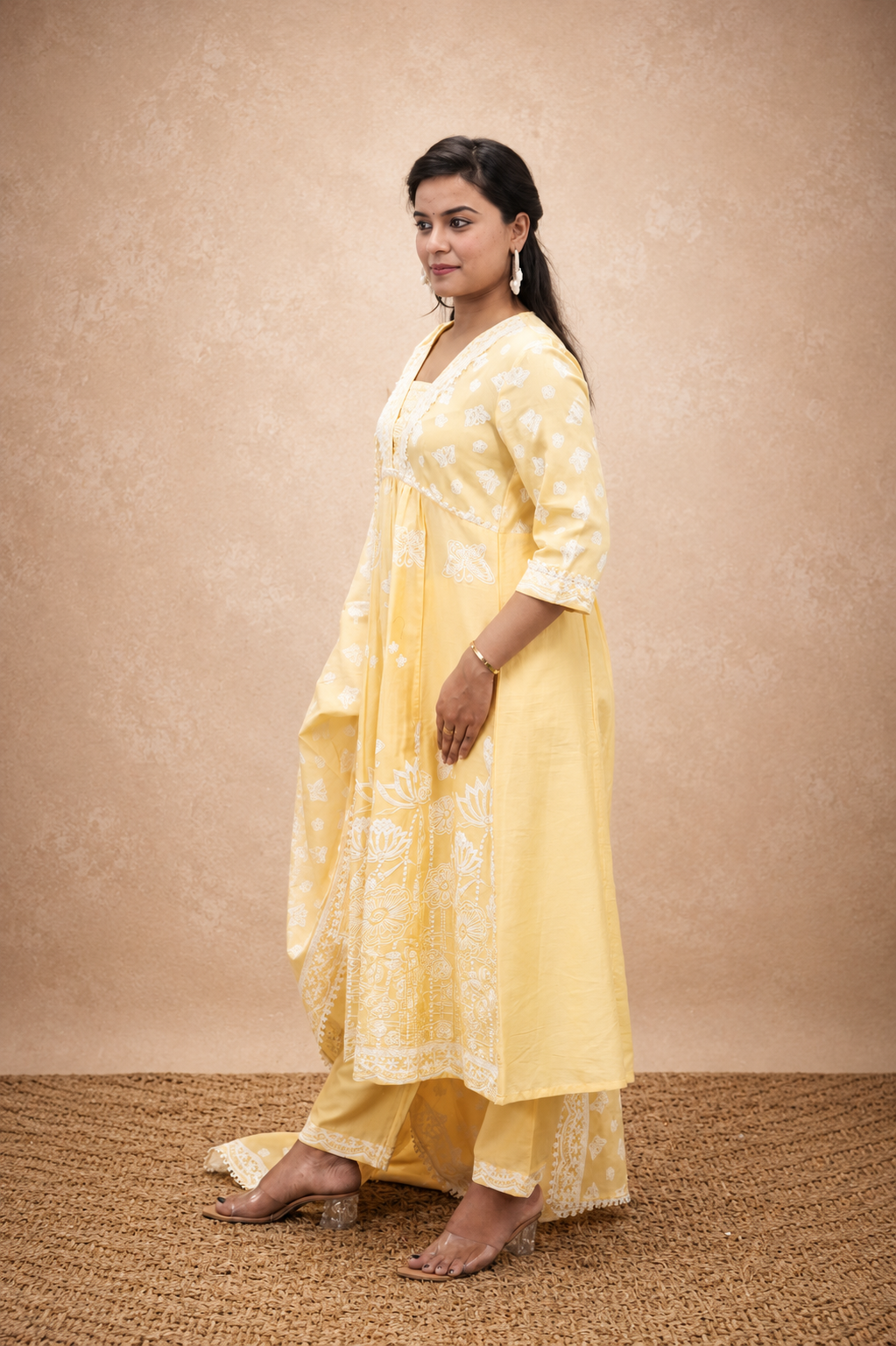 YELLOW COTTON PRINTED  GATHRED PRINTED SUIT SET