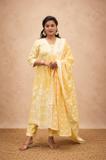 YELLOW COTTON PRINTED  GATHRED PRINTED SUIT SET