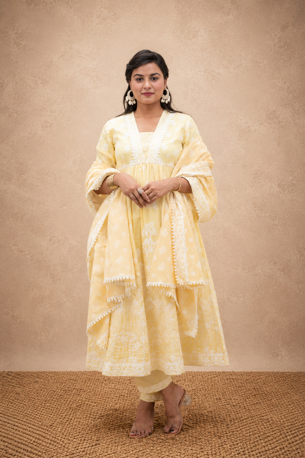 YELLOW COTTON PRINTED  GATHRED PRINTED SUIT SET