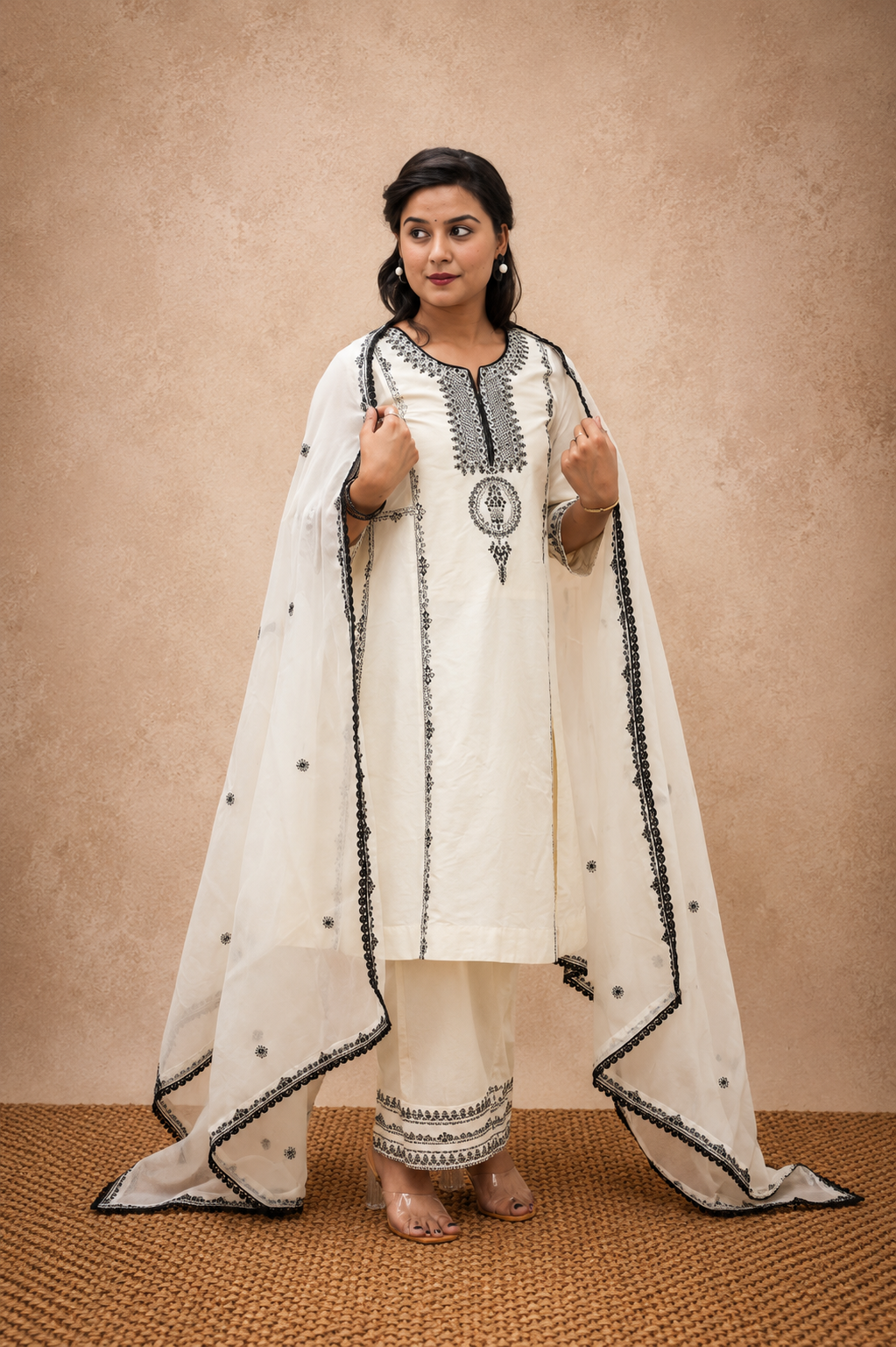 OFF WHITE EMBEROIDERY FLAREAD KURTA SUIT SET