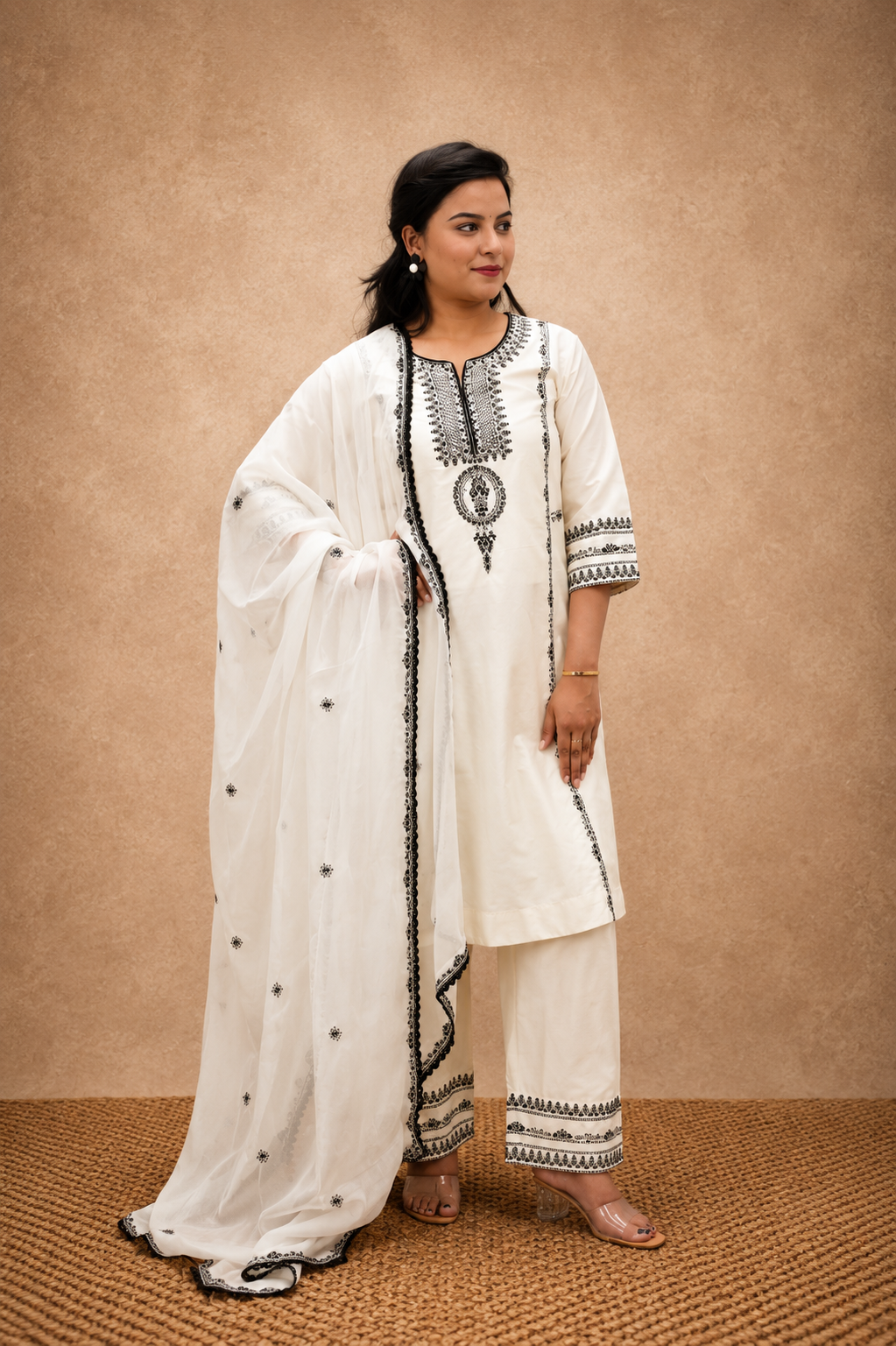 OFF WHITE EMBEROIDERY FLAREAD KURTA SUIT SET