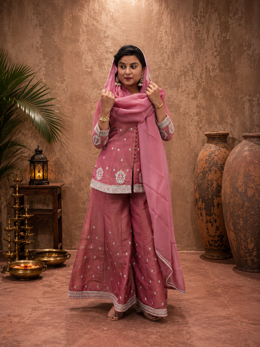 PINK TISSHU SIMMAR EMBEROIDERY SHARARA SUIT SET