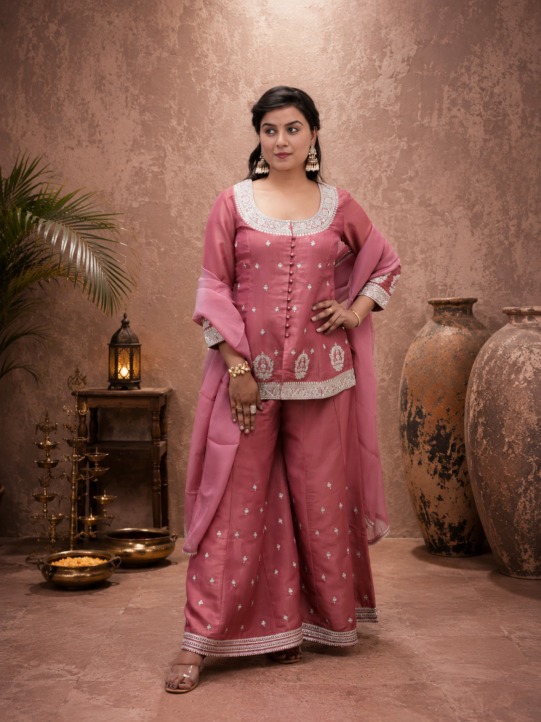 PINK TISSHU SIMMAR EMBEROIDERY SHARARA SUIT SET