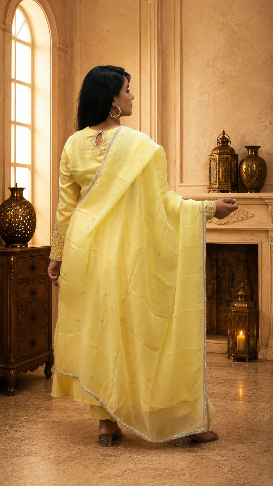 YELLOW COTTON SATIN PLEATED HAND WORK  STRIGHT PANT SUIT SET