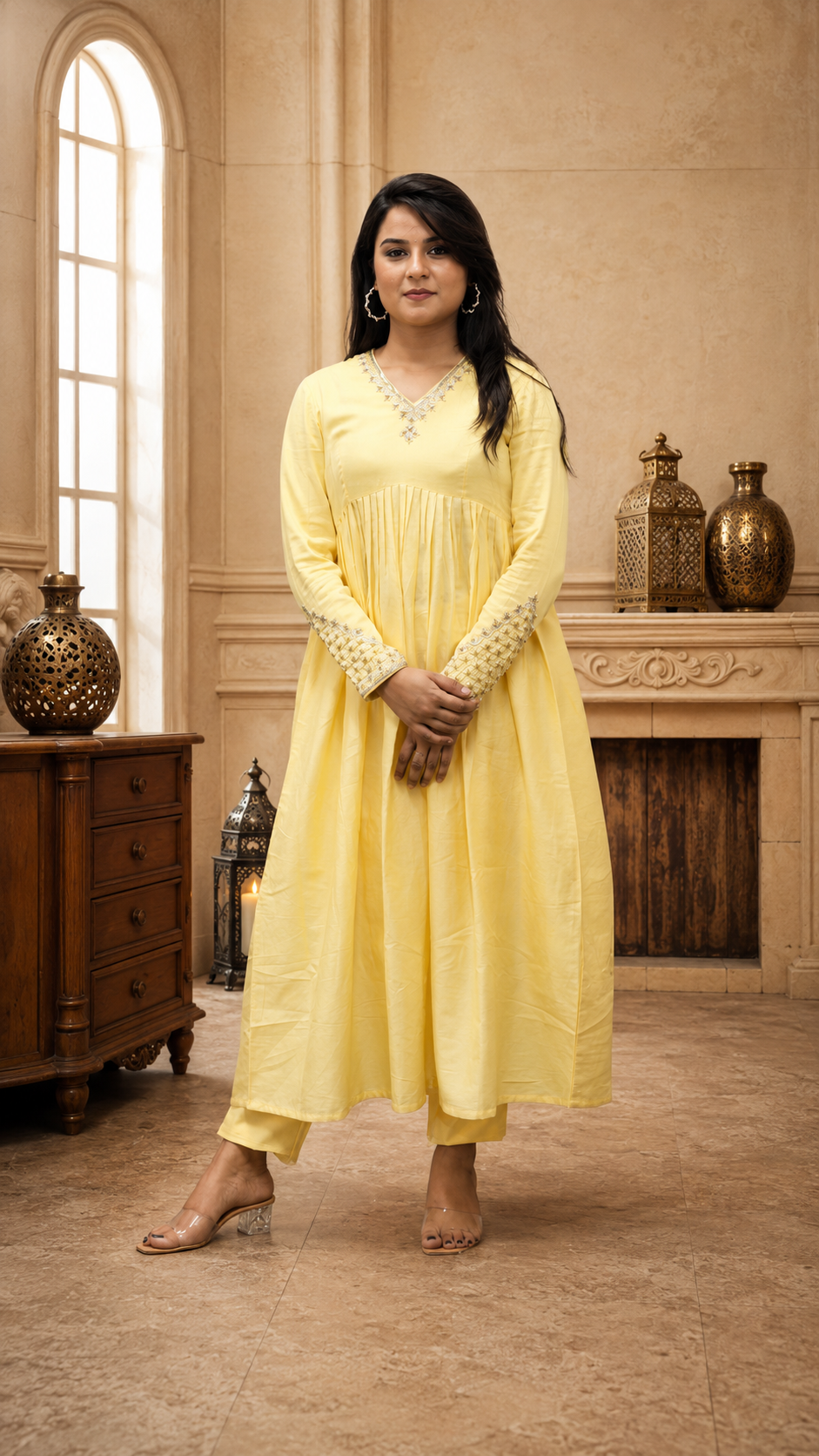 YELLOW COTTON SATIN PLEATED HAND WORK  STRIGHT PANT SUIT SET