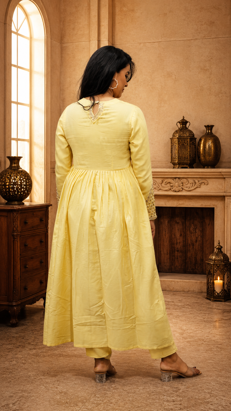 YELLOW COTTON SATIN PLEATED HAND WORK  STRIGHT PANT SUIT SET