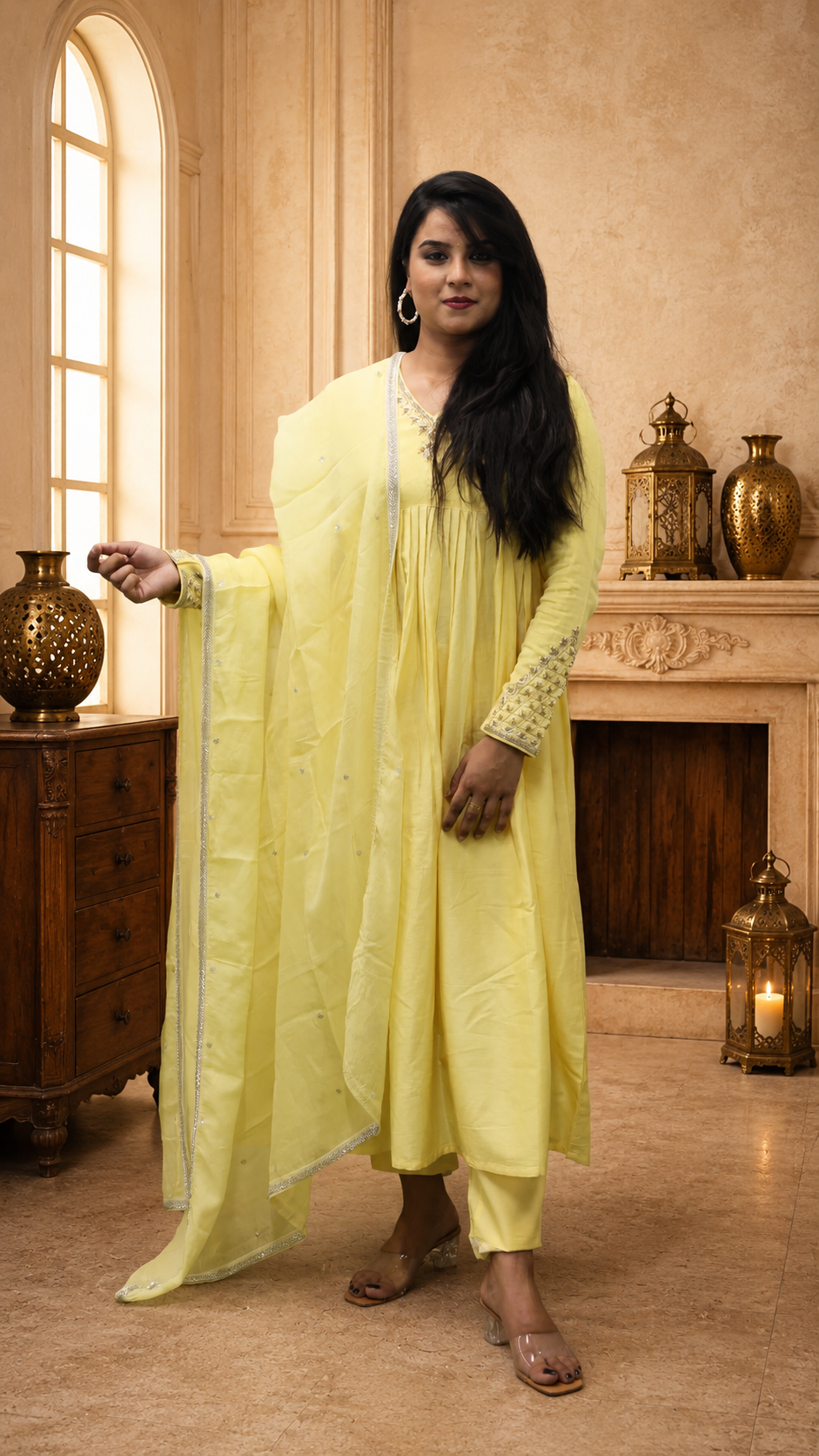 YELLOW COTTON SATIN PLEATED HAND WORK  STRIGHT PANT SUIT SET