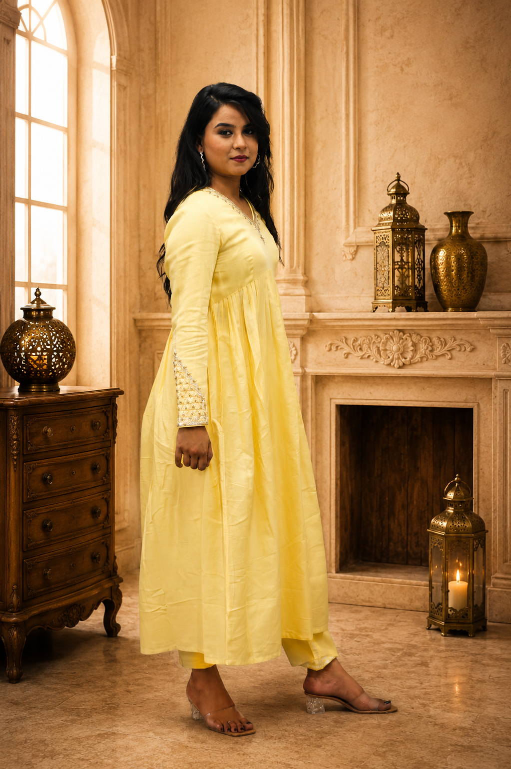 YELLOW COTTON SATIN PLEATED HAND WORK  STRIGHT PANT SUIT SET