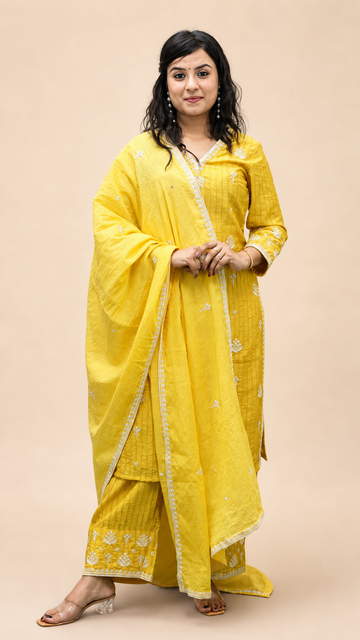 YELLOW EMBROIDERY BEADS WORK STRIGHT KURTA PLAZZO SUIT SET