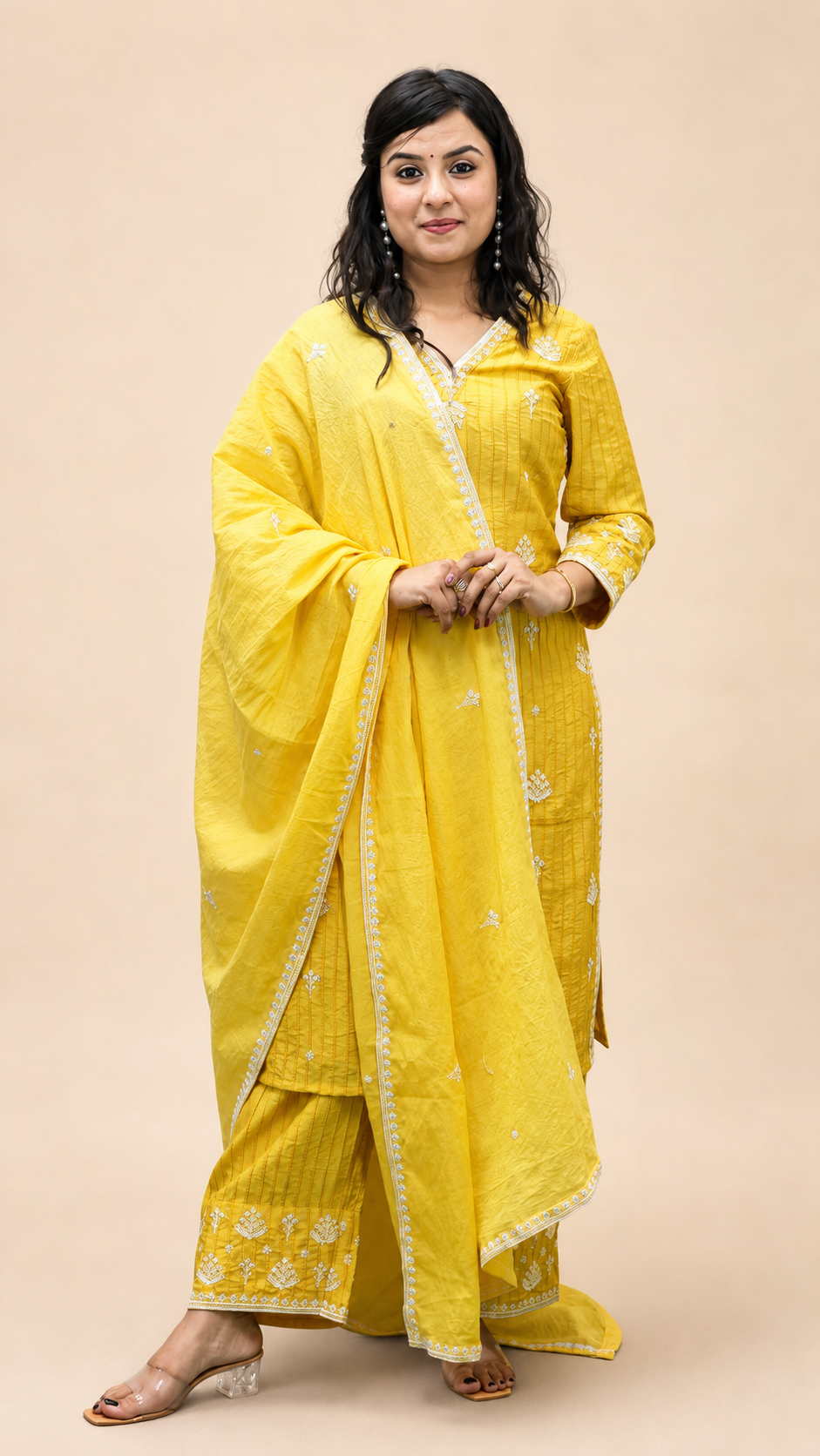 YELLOW EMBROIDERY BEADS WORK STRIGHT KURTA PLAZZO SUIT SET