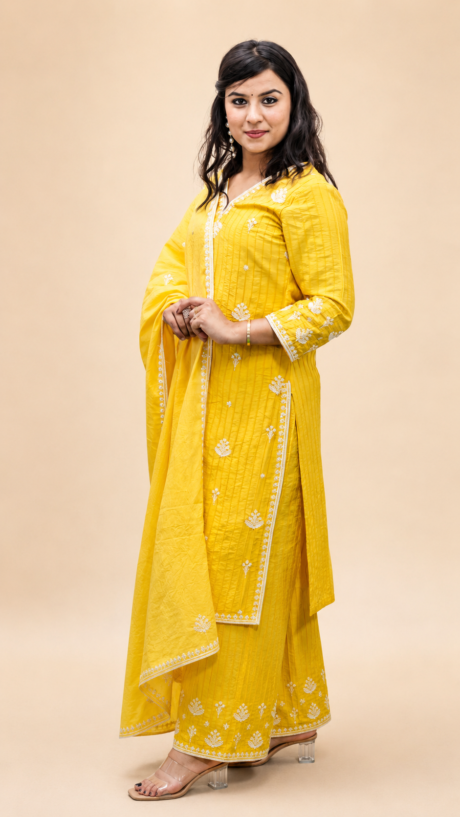 YELLOW EMBROIDERY BEADS WORK STRIGHT KURTA PLAZZO SUIT SET