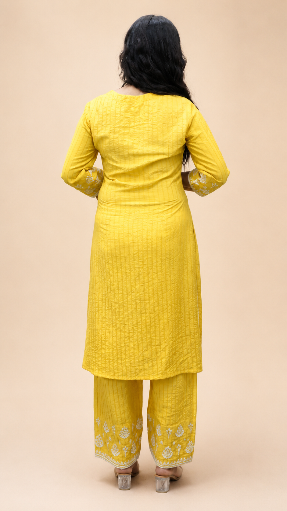 YELLOW EMBROIDERY BEADS WORK STRIGHT KURTA PLAZZO SUIT SET