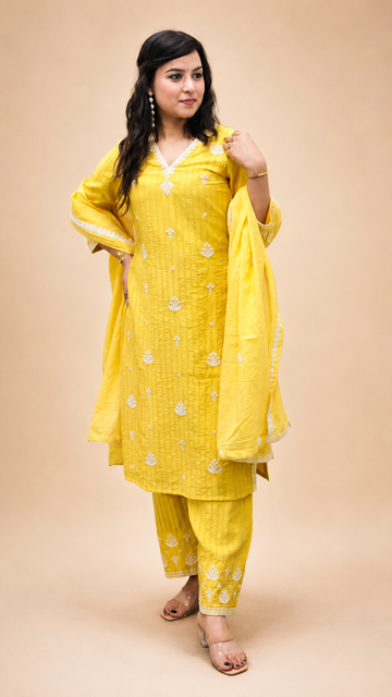 YELLOW EMBROIDERY BEADS WORK STRIGHT KURTA PLAZZO SUIT SET