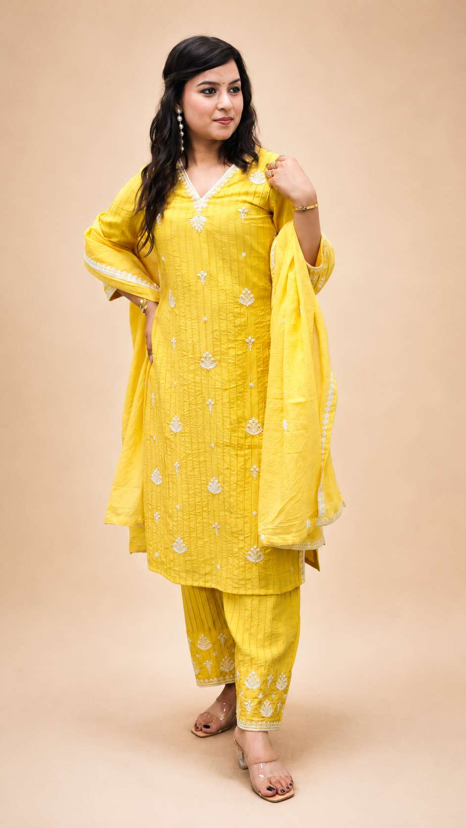 YELLOW EMBROIDERY BEADS WORK STRIGHT KURTA PLAZZO SUIT SET