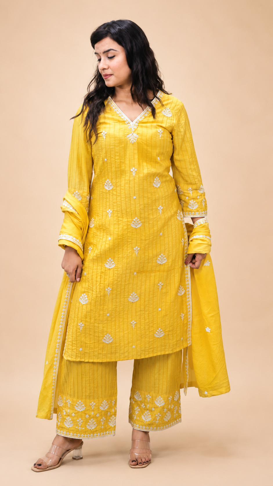 YELLOW EMBROIDERY BEADS WORK STRIGHT KURTA PLAZZO SUIT SET