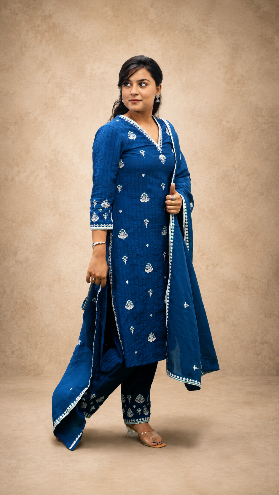 NAVY EMBRODIERY BEADS WORK STRIGHT KURTA PLAZZO SUT SET