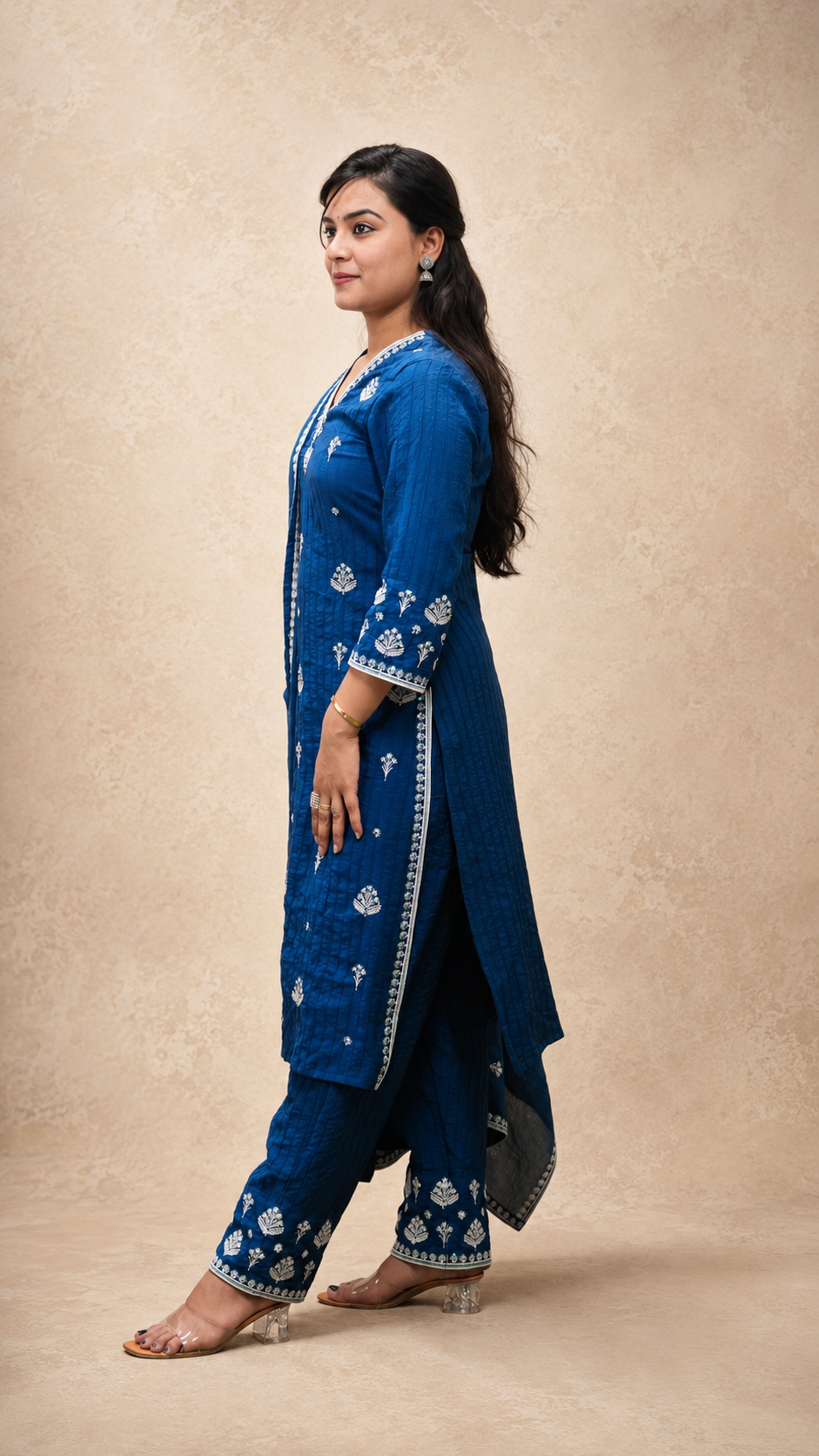 NAVY EMBRODIERY BEADS WORK STRIGHT KURTA PLAZZO SUT SET
