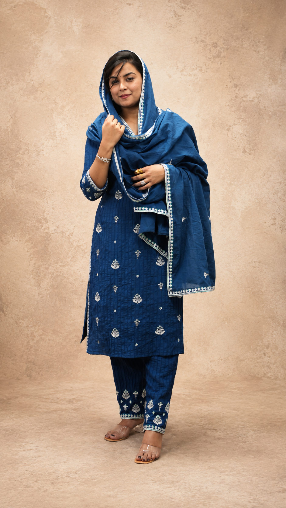 NAVY EMBRODIERY BEADS WORK STRIGHT KURTA PLAZZO SUT SET