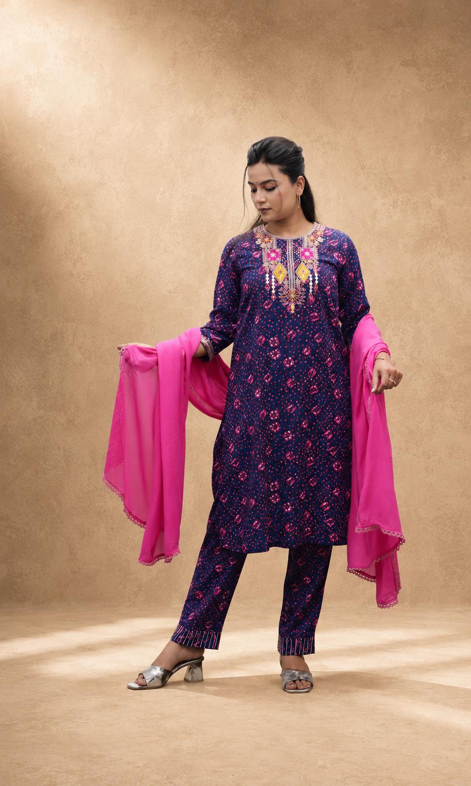 BLUE VISCOSE EMBEROIDERY HAND WORK KURTA SUIT SET