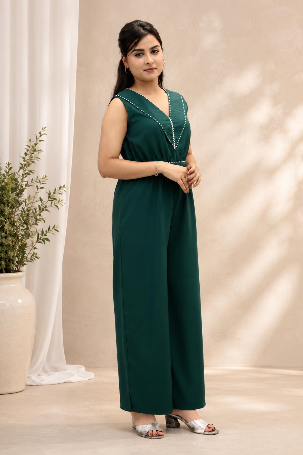 BOTTLE GREEN POLY CRAPE HAND WORK FLARED JUMP SUIT