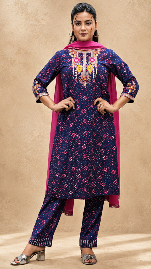 BLUE VISCOSE EMBEROIDERY HAND WORK KURTA SUIT SET