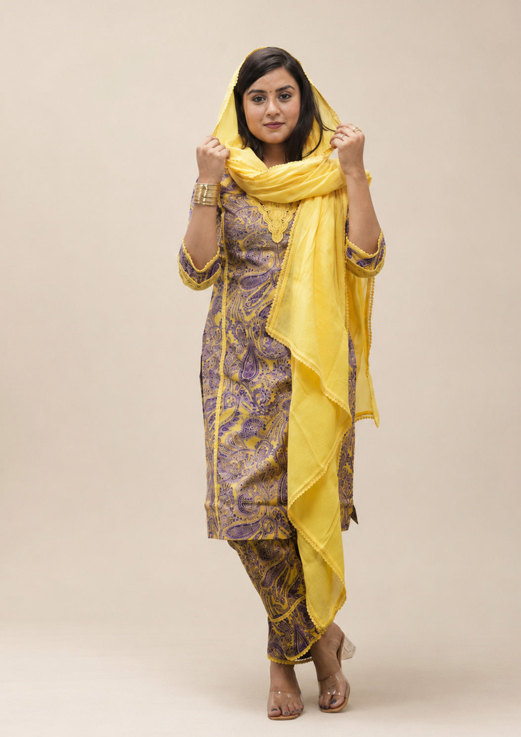 YELLOW COTTON PRINTED KURTA SUIT SET