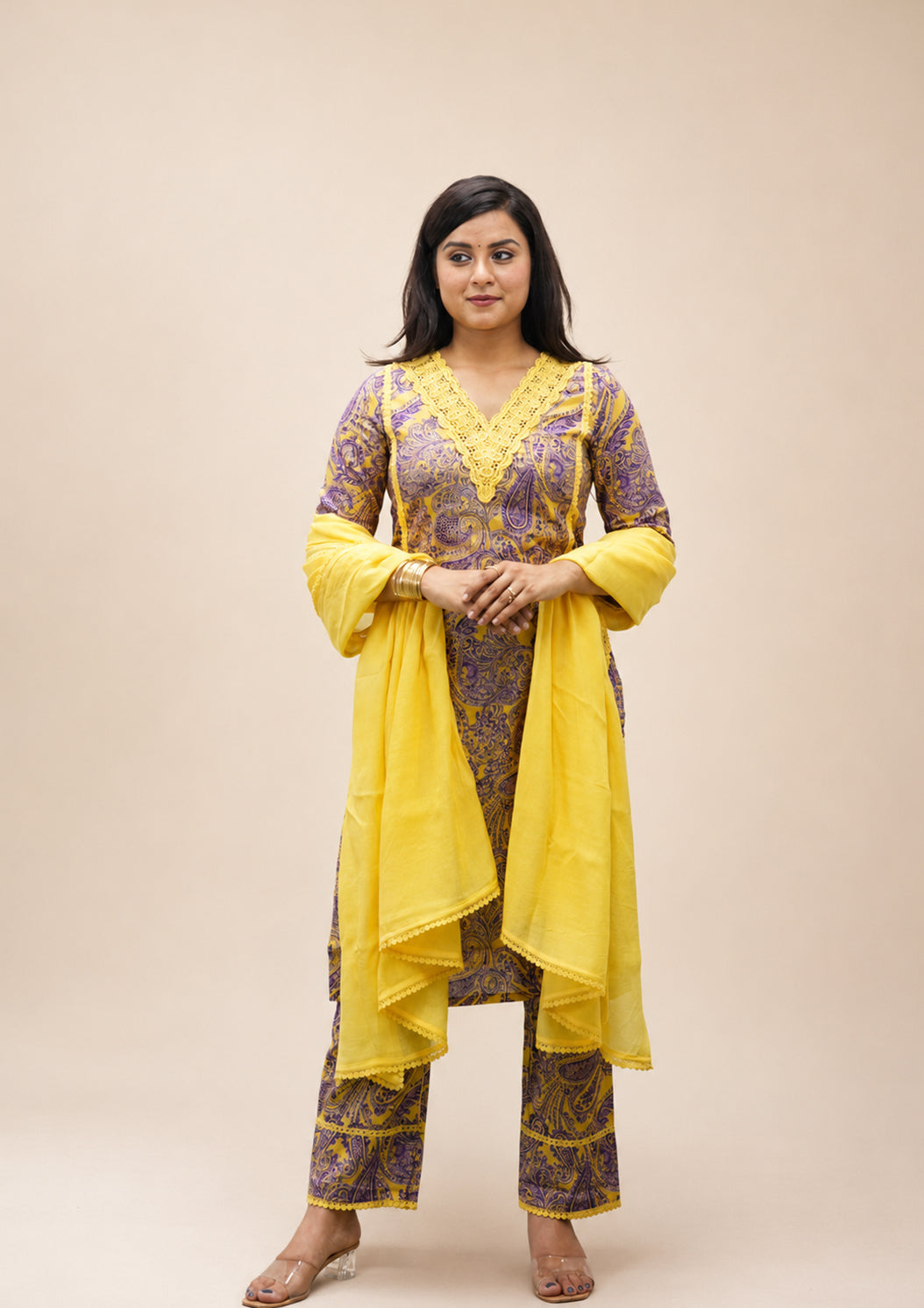 YELLOW COTTON PRINTED KURTA SUIT SET