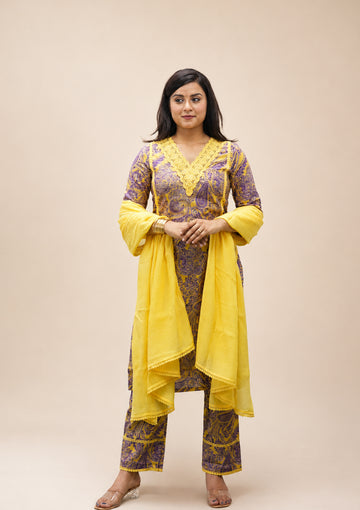 YELLOW COTTON PRINTED KURTA SUIT SET