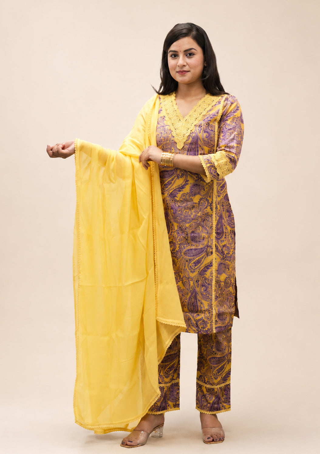 YELLOW COTTON PRINTED KURTA SUIT SET