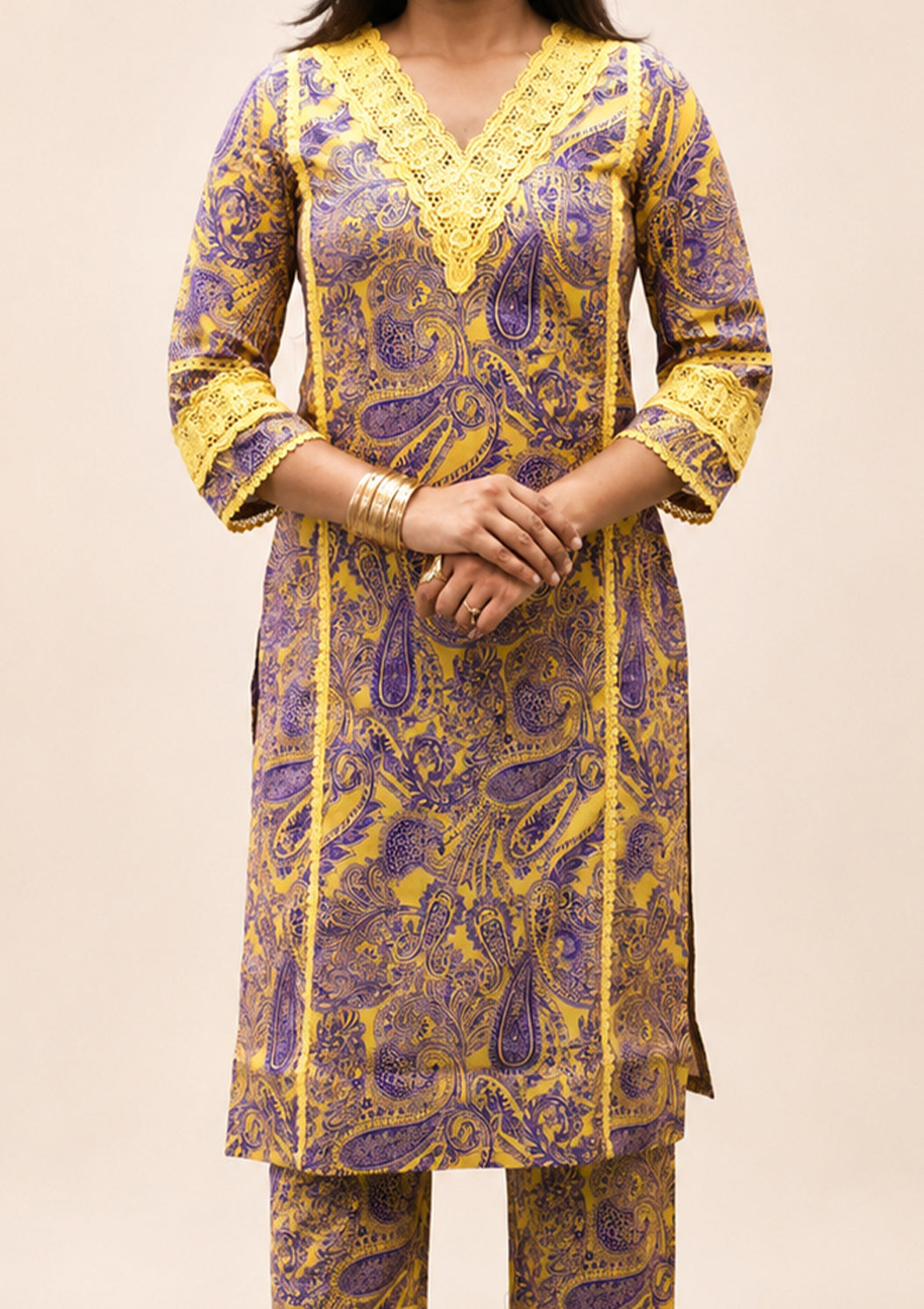 YELLOW COTTON PRINTED KURTA SUIT SET
